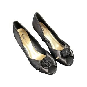 Fioni Night Black Satin Peep Toe Heels with Rose Detail Elegant Evening Size 9.5